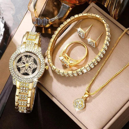Luxury Snowflake Watch & Jewelry Set – 5-Piece Gold Rhinestone Gift Set for Women & Girls