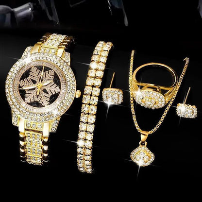 Luxury Snowflake Watch & Jewelry Set – 5-Piece Gold Rhinestone Gift Set for Women & Girls