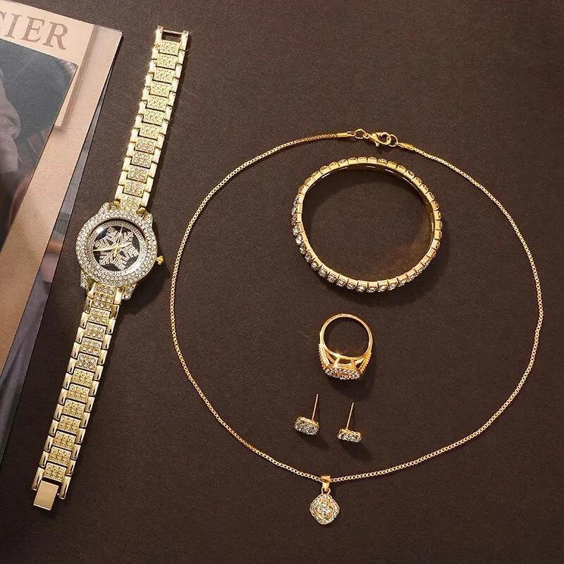 Luxury Snowflake Watch & Jewelry Set – 5-Piece Gold Rhinestone Gift Set for Women & Girls