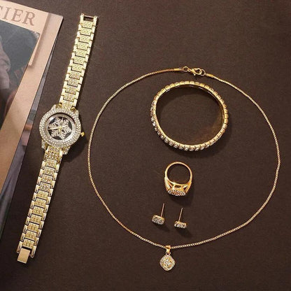 Luxury Snowflake Watch & Jewelry Set – 5-Piece Gold Rhinestone Gift Set for Women & Girls