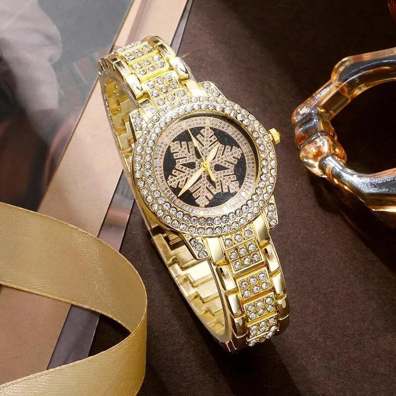 Luxury Snowflake Watch & Jewelry Set – 5-Piece Gold Rhinestone Gift Set for Women & Girls