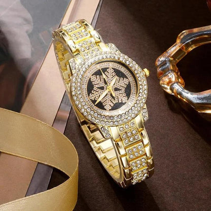 Luxury Snowflake Watch & Jewelry Set – 5-Piece Gold Rhinestone Gift Set for Women & Girls
