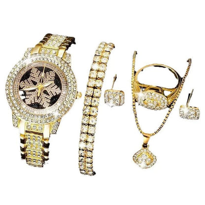 Luxury Snowflake Watch & Jewelry Set – 5-Piece Gold Rhinestone Gift Set for Women & Girls